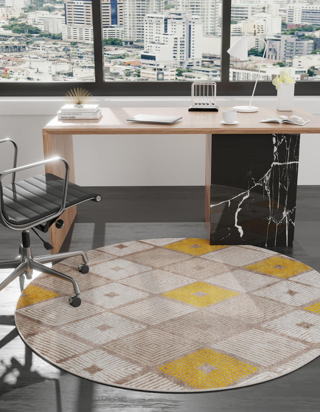 Ivory and Yellow 7' 10 x 7' 10 Laguna Round Area Rug 100% Polypropylene Modern Contemporary Carpet for Bedrooms, Living Room, Dining, Office for Sale at Rug Engine