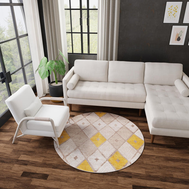 Ivory and Yellow 7' 10 x 7' 10 Laguna Round Area Rug 100% Polypropylene Modern Contemporary Carpet for Bedrooms, Living Room, Dining, Office for Sale at Rug Engine