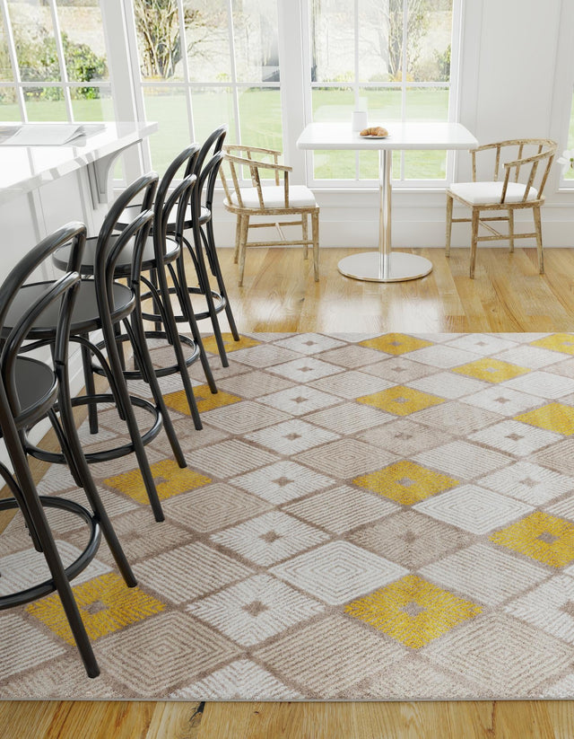 Ivory and Yellow 7' 10 x 7' 10 Laguna Square Area Rug 100% Polypropylene Modern Contemporary Carpet for Bedrooms, Living Room, Dining, Office for Sale at Rug Engine