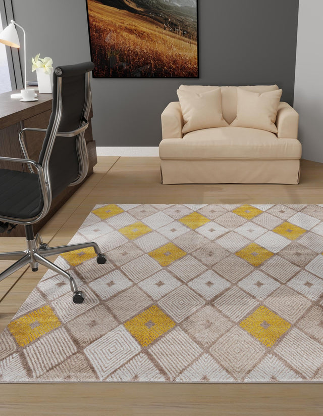 Ivory and Yellow 7' 10 x 7' 10 Laguna Square Area Rug 100% Polypropylene Modern Contemporary Carpet for Bedrooms, Living Room, Dining, Office for Sale at Rug Engine
