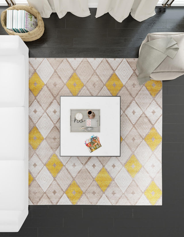 Ivory and Yellow 7' 10 x 7' 10 Laguna Square Area Rug 100% Polypropylene Modern Contemporary Carpet for Bedrooms, Living Room, Dining, Office for Sale at Rug Engine