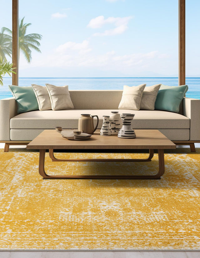 Yellow 10' x 10' Bromley Square Area Rug 100% Polypropylene With Cotton Backing Vintage Distressed Colorful Traditional Carpet for Living Dining Rooms Offices for Sale at Rug Engine
