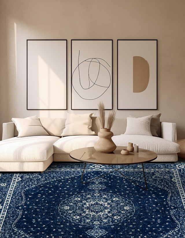 Navy Blue 10' x 10' Bromley Square Area Rug 100% Polypropylene With Cotton Backing Vintage Distressed Colorful Traditional Carpet for Living Dining Rooms Offices for Sale at Rug Engine