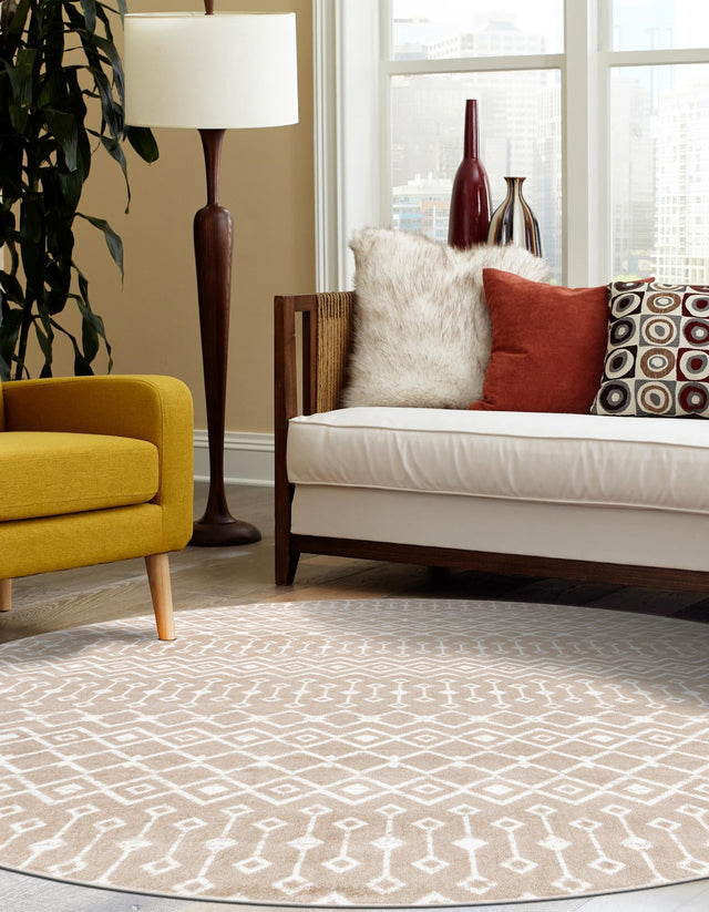 Beige 10' x 10' Moroccan Trellis Round Area Rug 100% Polypropylene Easy Clean Geometric Traditional Carpet for Interior Design Home Decor for Sale at Rug Engine