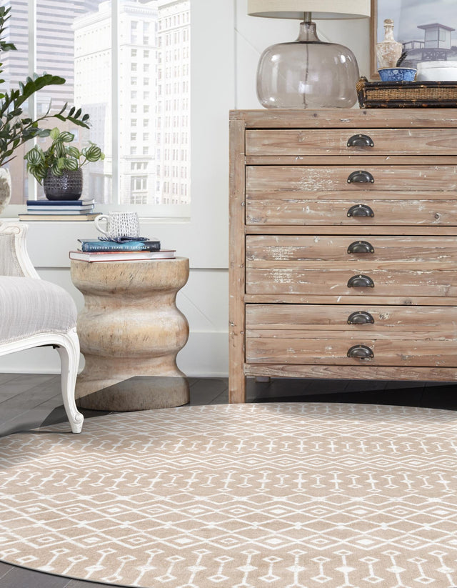 Beige 12' x 12' Moroccan Trellis Round Area Rug 100% Polypropylene Easy Clean Geometric Traditional Carpet for Interior Design Home Decor for Sale at Rug Engine