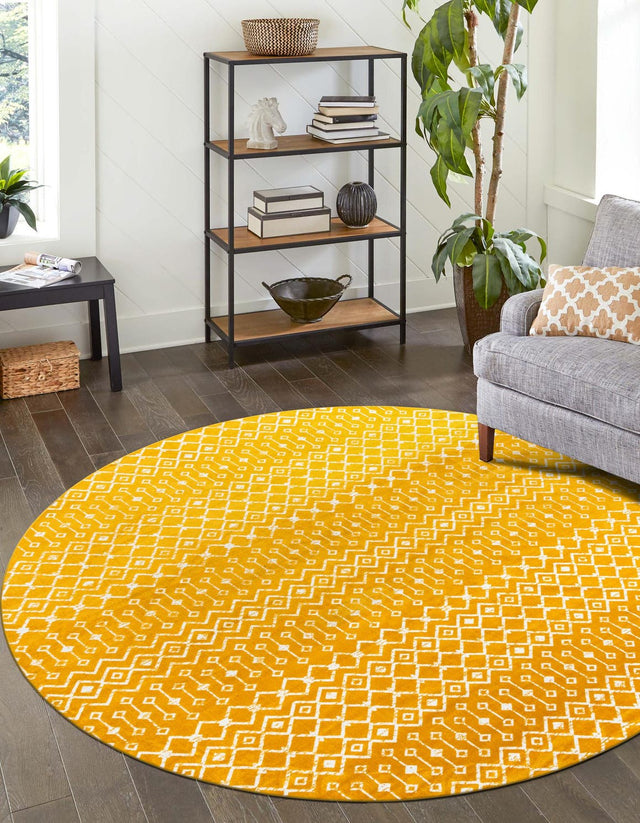 Yellow 10' x 10' Moroccan Trellis Round Area Rug 100% Polypropylene Easy Clean Geometric Traditional Carpet for Interior Design Home Decor for Sale at Rug Engine