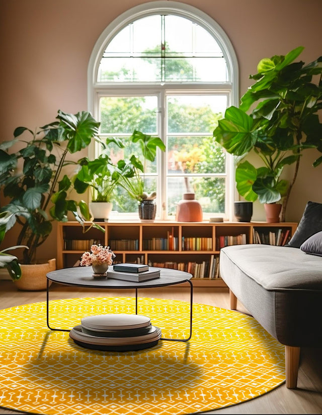 Yellow 12' x 12' Moroccan Trellis Round Area Rug 100% Polypropylene Easy Clean Geometric Traditional Carpet for Interior Design Home Decor for Sale at Rug Engine