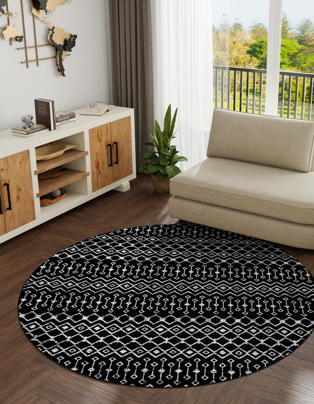 Black 10' x 10' Moroccan Trellis Round Area Rug 100% Polypropylene Easy Clean Geometric Traditional Carpet for Interior Design Home Decor for Sale at Rug Engine