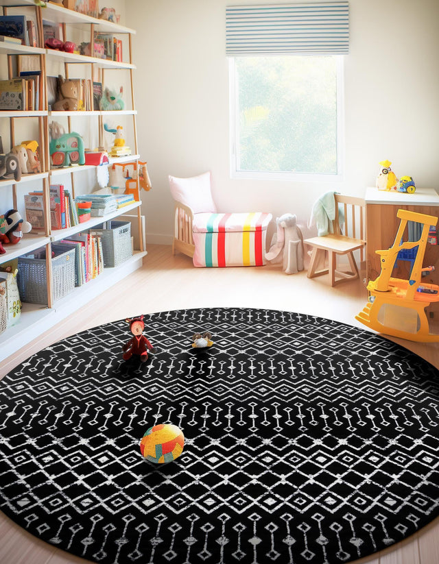 Black 10' x 10' Moroccan Trellis Round Area Rug 100% Polypropylene Easy Clean Geometric Traditional Carpet for Interior Design Home Decor for Sale at Rug Engine