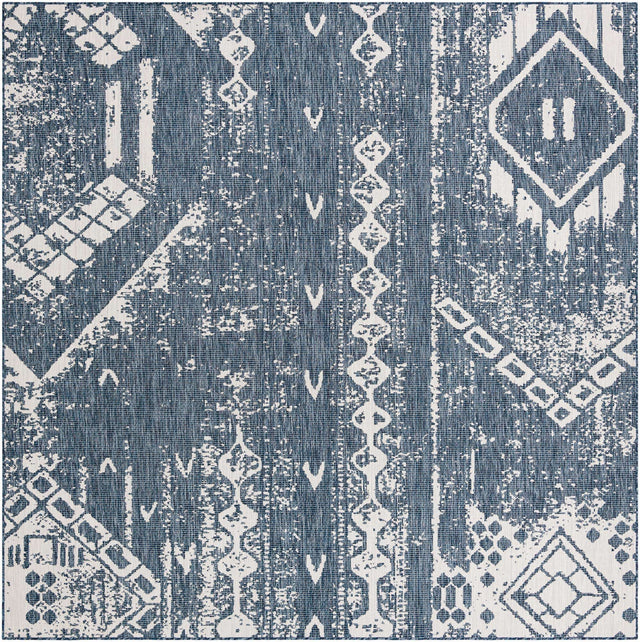 Blue 10' x 10' Outdoor Bohemian Square Area Rug Weather Resistant for Patio, Deck, Terrace, Balcony, Porch 100% Polypropylene Boho Carpet Mat for Sale at Rug Engine