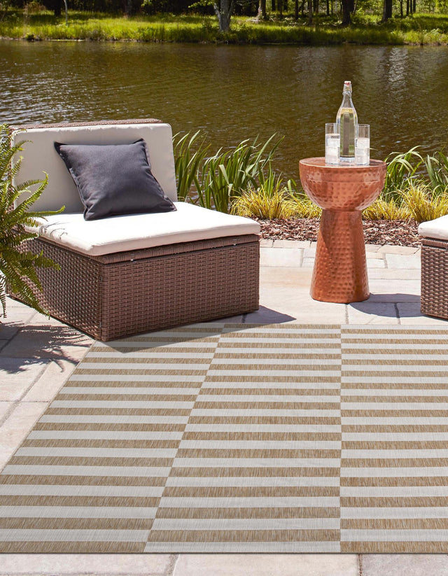Taupe 6' 1 x 6' 1 Outdoor Striped Square Area Rug Weather Resistant for Patio, Deck, Terrace, Balcony, Porch Geometric Pattern Waterproof Carpet for Sale at Rug Engine