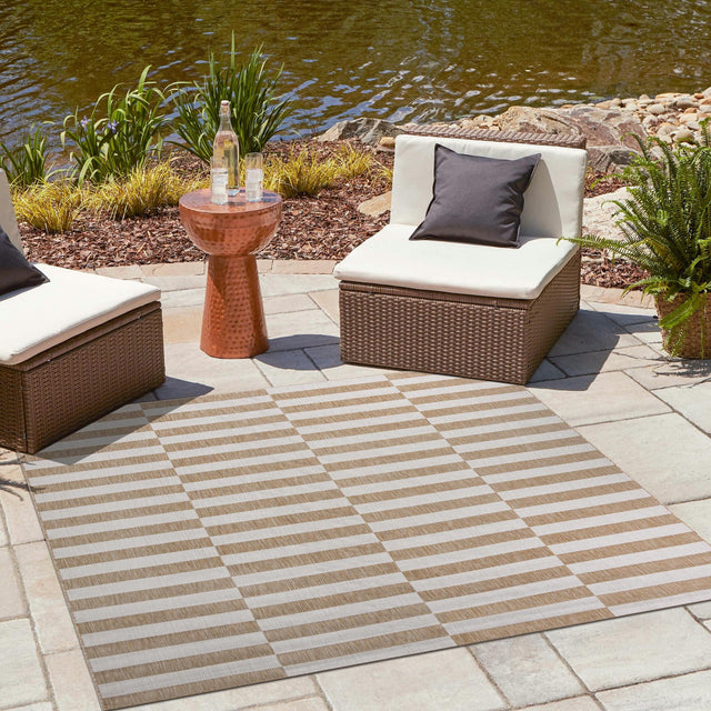 Taupe 6' 1 x 6' 1 Outdoor Striped Square Area Rug Weather Resistant for Patio, Deck, Terrace, Balcony, Porch Geometric Pattern Waterproof Carpet for Sale at Rug Engine