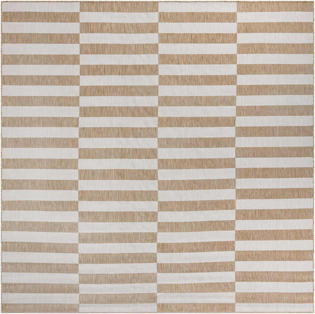 Taupe 10' x 10' Outdoor Striped Square Area Rug Weather Resistant for Patio, Deck, Terrace, Balcony, Porch Geometric Pattern Waterproof Carpet for Sale at Rug Engine