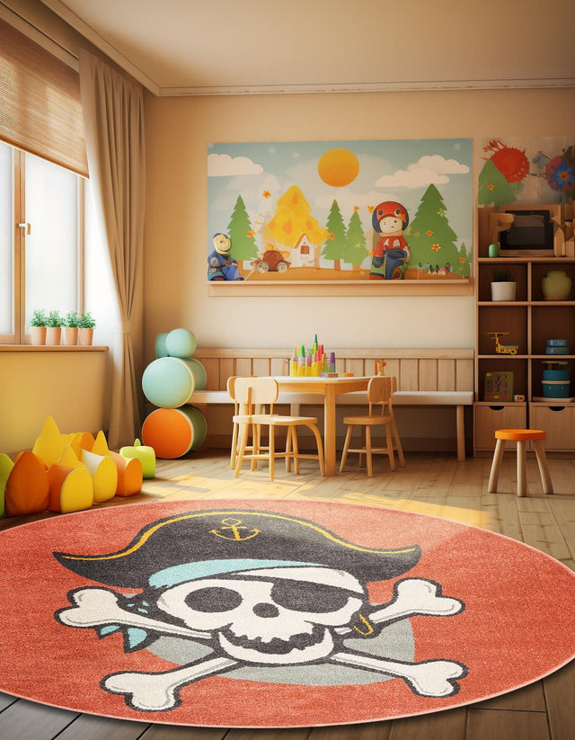 Red 5' 3 x 5' 3 Whimsy Kids Round Area Rug for Baby Nursery, Toddler Playroom, Bedrooms Playful Fun Design Easy Clean Carpet for Sale at Rug Engine