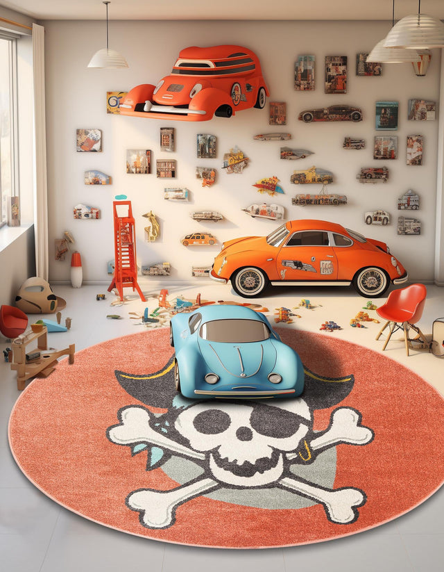 Red 3' 3 x 3' 3 Whimsy Kids Round Area Rug for Baby Nursery, Toddler Playroom, Bedrooms