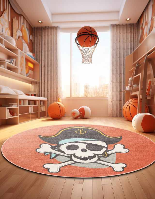 Red 3' 3 x 3' 3 Whimsy Kids Round Area Rug for Baby Nursery, Toddler Playroom, Bedrooms