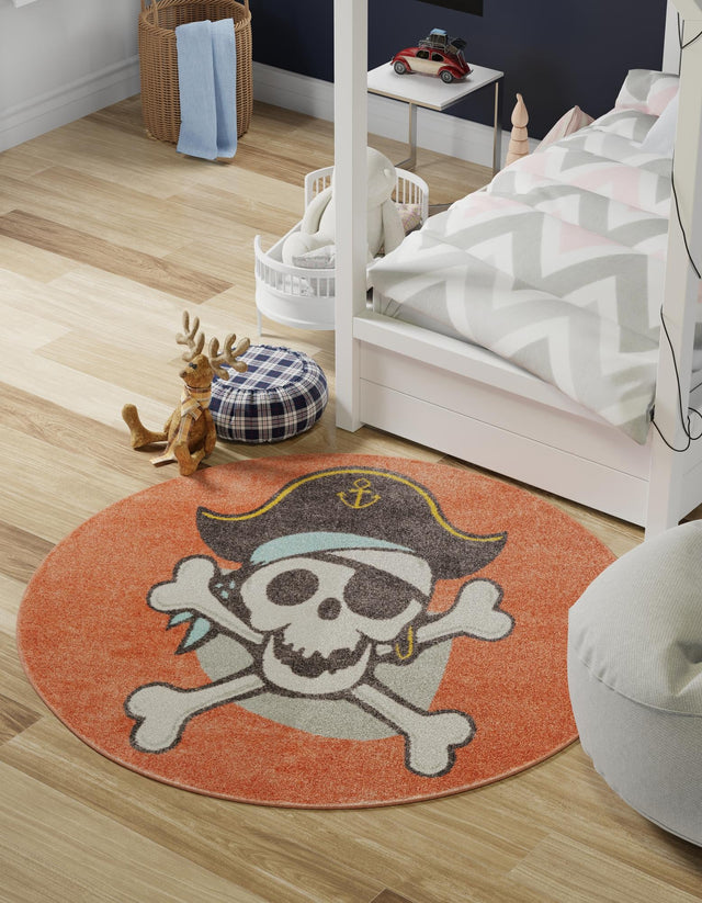 Red 3' 3 x 3' 3 Whimsy Kids Round Area Rug for Baby Nursery, Toddler Playroom, Bedrooms