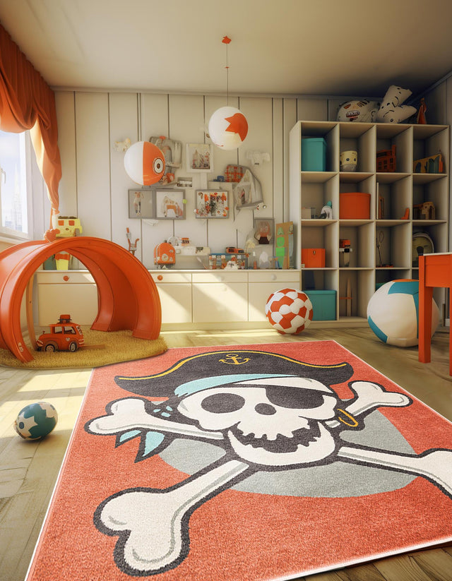 Red 5' 3 x 8' Whimsy Kids Rectangle Area Rug for Baby Nursery, Toddler Playroom, Bedrooms