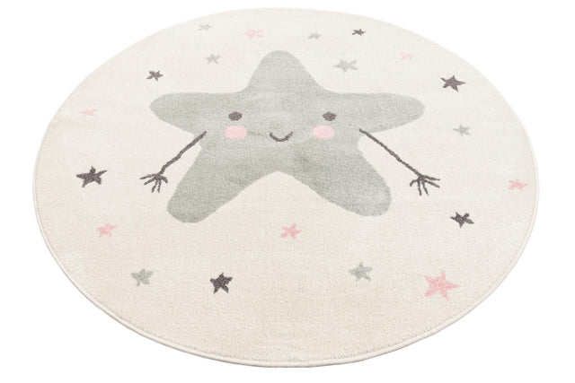 Ivory 5' 3 x 5' 3 Whimsy Kids Round Area Rug for Baby Nursery, Toddler Playroom, Bedrooms