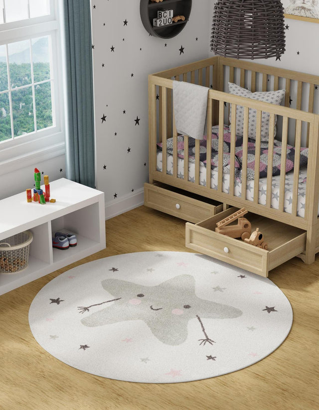 Ivory 5' 3 x 5' 3 Whimsy Kids Round Area Rug for Baby Nursery, Toddler Playroom, Bedrooms