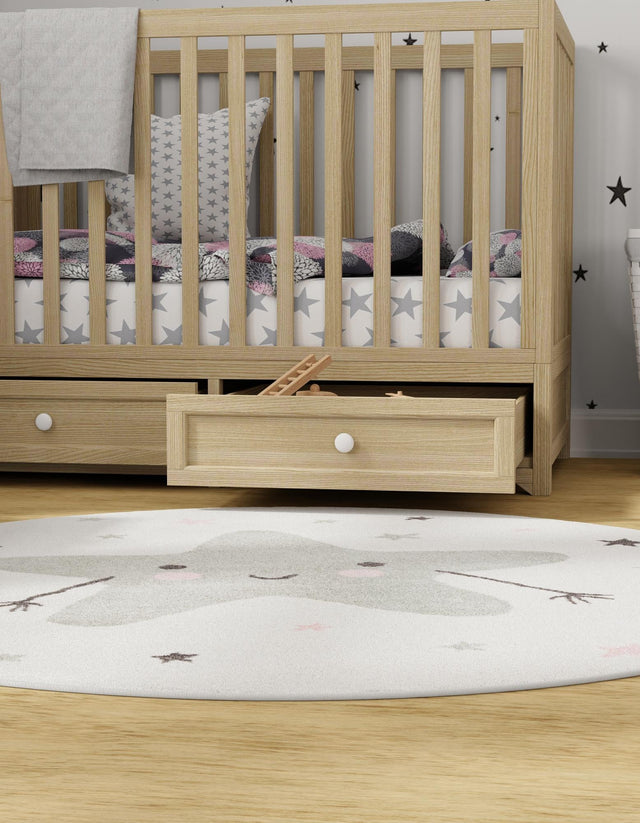 Ivory 5' 3 x 5' 3 Whimsy Kids Round Area Rug for Baby Nursery, Toddler Playroom, Bedrooms