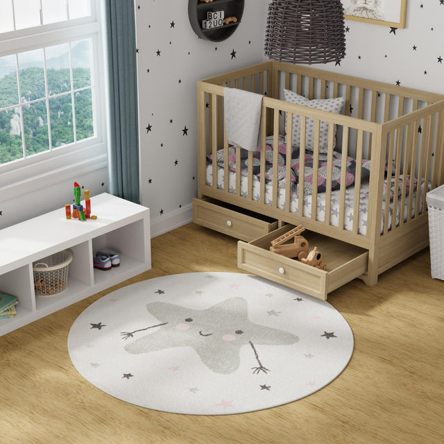 Ivory 5' 3 x 5' 3 Whimsy Kids Round Area Rug for Baby Nursery, Toddler Playroom, Bedrooms