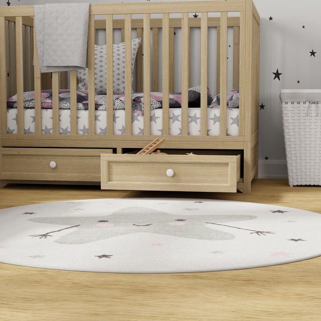 Ivory 5' 3 x 5' 3 Whimsy Kids Round Area Rug for Baby Nursery, Toddler Playroom, Bedrooms