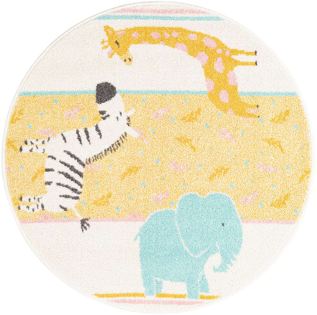 Ivory 3' 3 x 3' 3 Whimsy Kids Round Area Rug for Baby Nursery, Toddler Playroom, Bedrooms Playful Fun Design Easy Clean Carpet for Sale at Rug Engine