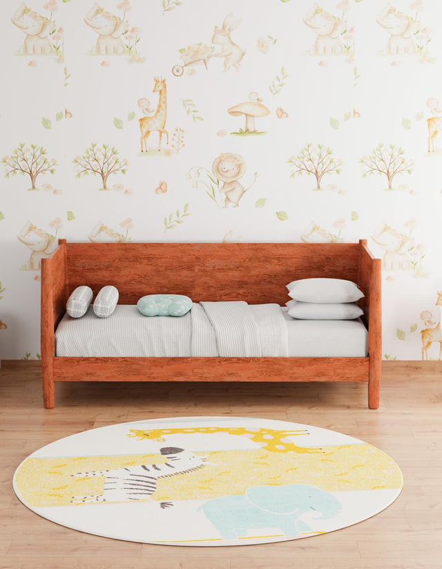 Ivory 3' 3 x 3' 3 Whimsy Kids Round Area Rug for Baby Nursery, Toddler Playroom, Bedrooms Playful Fun Design Easy Clean Carpet for Sale at Rug Engine