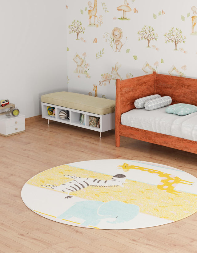 Ivory 7' 10 x 7' 10 Whimsy Kids Round Area Rug for Baby Nursery, Toddler Playroom, Bedrooms