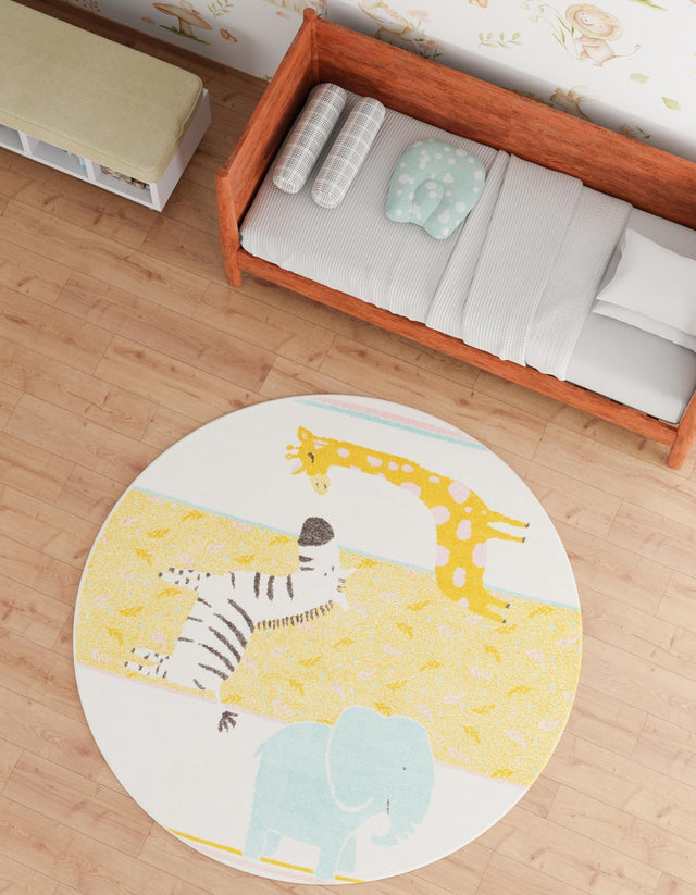 Ivory 7' 10 x 7' 10 Whimsy Kids Round Area Rug for Baby Nursery, Toddler Playroom, Bedrooms