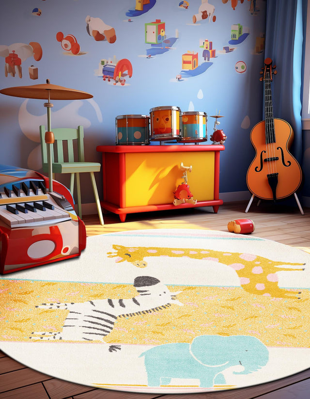 Ivory 7' 10 x 7' 10 Whimsy Kids Round Area Rug for Baby Nursery, Toddler Playroom, Bedrooms