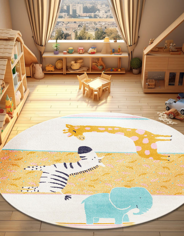 Ivory 7' 10 x 7' 10 Whimsy Kids Round Area Rug for Baby Nursery, Toddler Playroom, Bedrooms