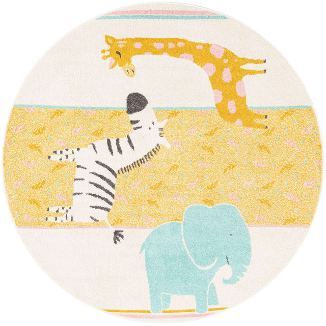 Ivory 5' 3 x 5' 3 Whimsy Kids Round Area Rug for Baby Nursery, Toddler Playroom, Bedrooms Playful Fun Design Easy Clean Carpet for Sale at Rug Engine