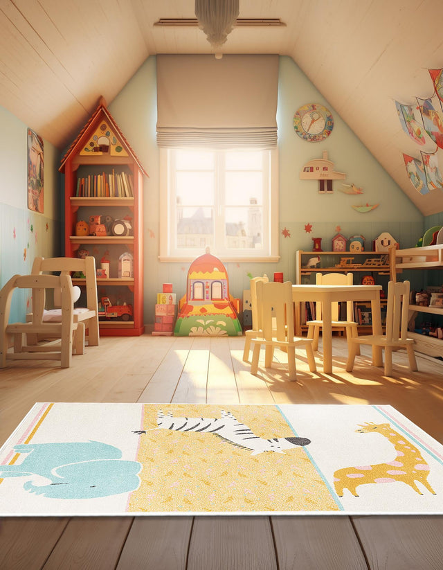 Ivory 3' 11 x 5' 11 Whimsy Kids Rectangle Area Rug for Baby Nursery, Toddler Playroom, Bedrooms Playful Fun Design Easy Clean Carpet for Sale at Rug Engine