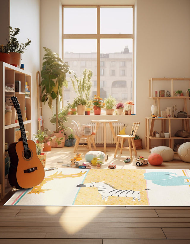 Ivory 3' 11 x 5' 11 Whimsy Kids Rectangle Area Rug for Baby Nursery, Toddler Playroom, Bedrooms Playful Fun Design Easy Clean Carpet for Sale at Rug Engine