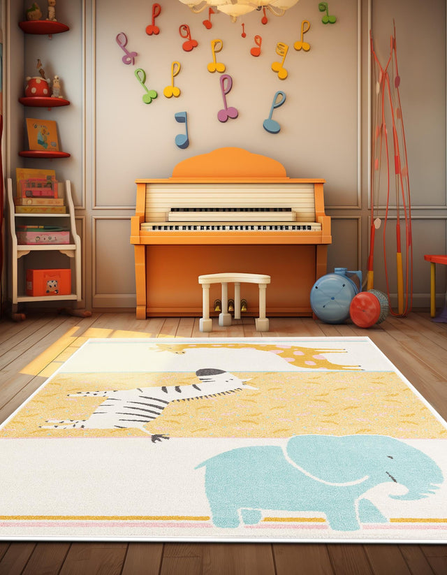 Ivory 5' 3 x 8' Whimsy Kids Rectangle Area Rug for Baby Nursery, Toddler Playroom, Bedrooms Playful Fun Design Easy Clean Carpet for Sale at Rug Engine