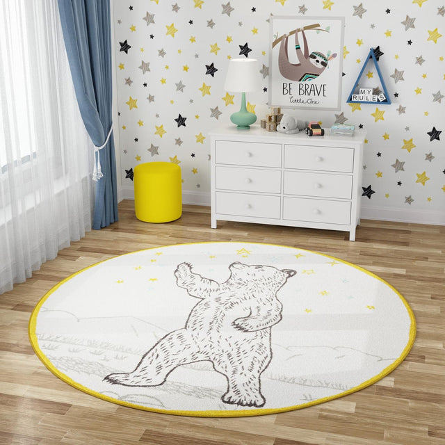 Ivory and Gray 7' 10 x 7' 10 Whimsy Kids Round Area Rug for Baby Nursery, Toddler Playroom, Bedrooms Playful Fun Design Easy Clean Carpet for Sale at Rug Engine