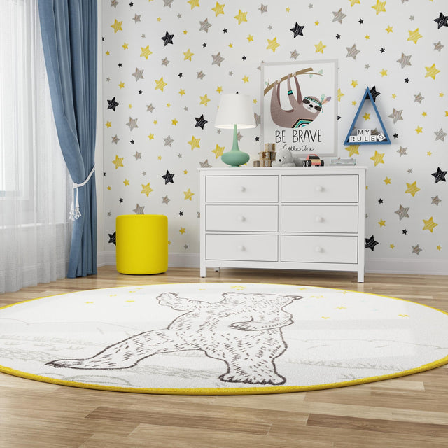 Ivory and Gray 5' 3 x 5' 3 Whimsy Kids Round Area Rug for Baby Nursery, Toddler Playroom, Bedrooms