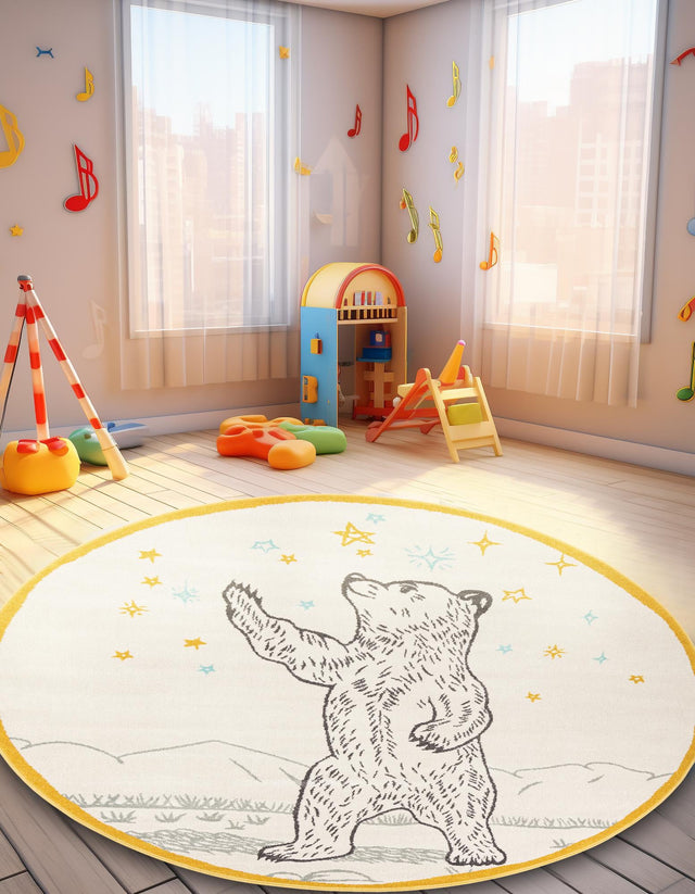 Ivory and Gray 5' 3 x 5' 3 Whimsy Kids Round Area Rug for Baby Nursery, Toddler Playroom, Bedrooms