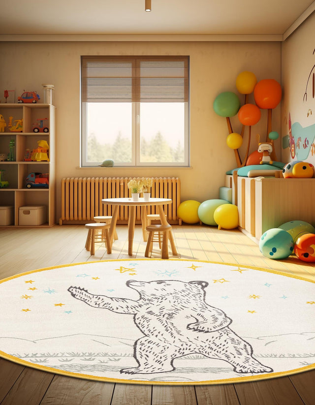 Ivory and Gray 5' 3 x 5' 3 Whimsy Kids Round Area Rug for Baby Nursery, Toddler Playroom, Bedrooms