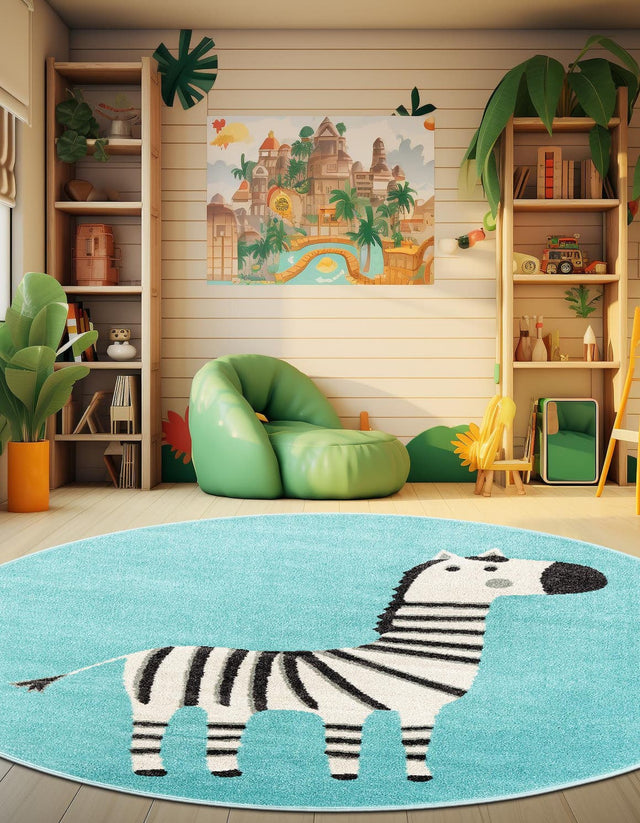 Teal 3' 3 x 3' 3 Whimsy Kids Round Area Rug for Baby Nursery, Toddler Playroom, Bedrooms Playful Fun Design Easy Clean Carpet for Sale at Rug Engine