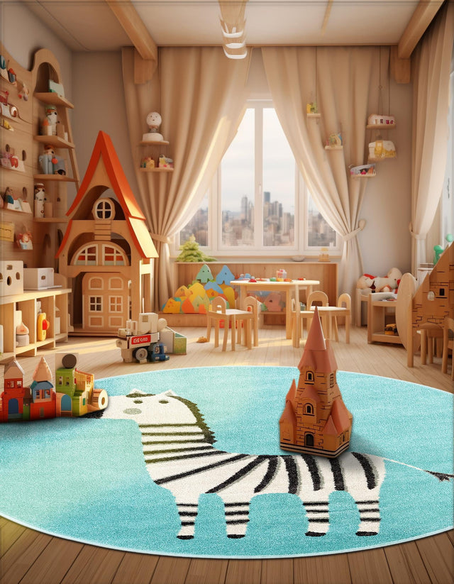 Teal 5' 3 x 5' 3 Whimsy Kids Round Area Rug for Baby Nursery, Toddler Playroom, Bedrooms