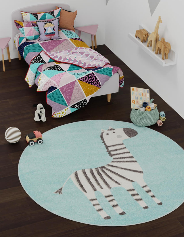Teal 3' 3 x 3' 3 Whimsy Kids Round Area Rug for Baby Nursery, Toddler Playroom, Bedrooms Playful Fun Design Easy Clean Carpet for Sale at Rug Engine