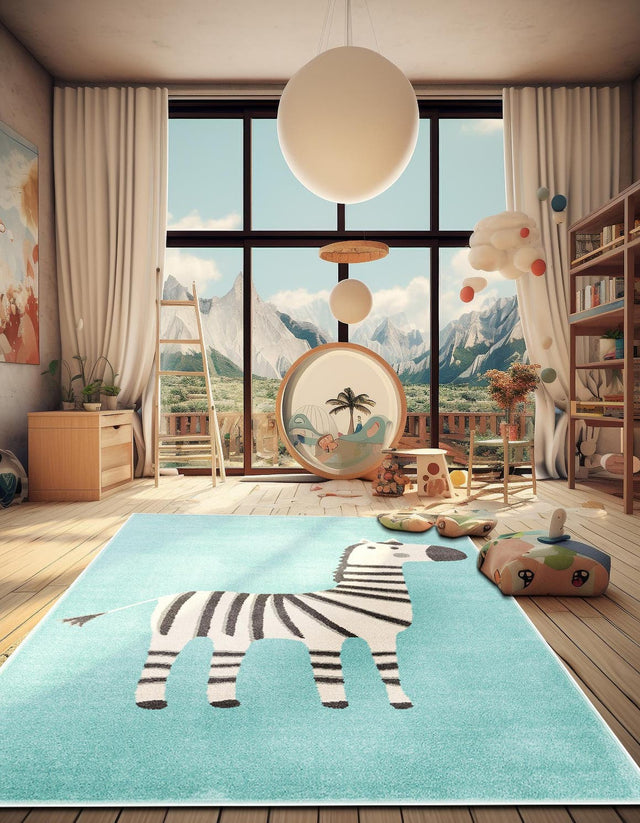Teal 5' 3 x 8' Whimsy Kids Rectangle Area Rug for Baby Nursery, Toddler Playroom, Bedrooms Playful Fun Design Easy Clean Carpet for Sale at Rug Engine