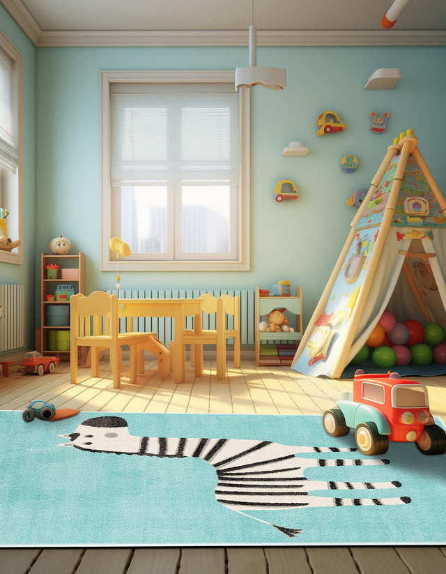 Teal 3' 11 x 5' 11 Whimsy Kids Rectangle Area Rug for Baby Nursery, Toddler Playroom, Bedrooms