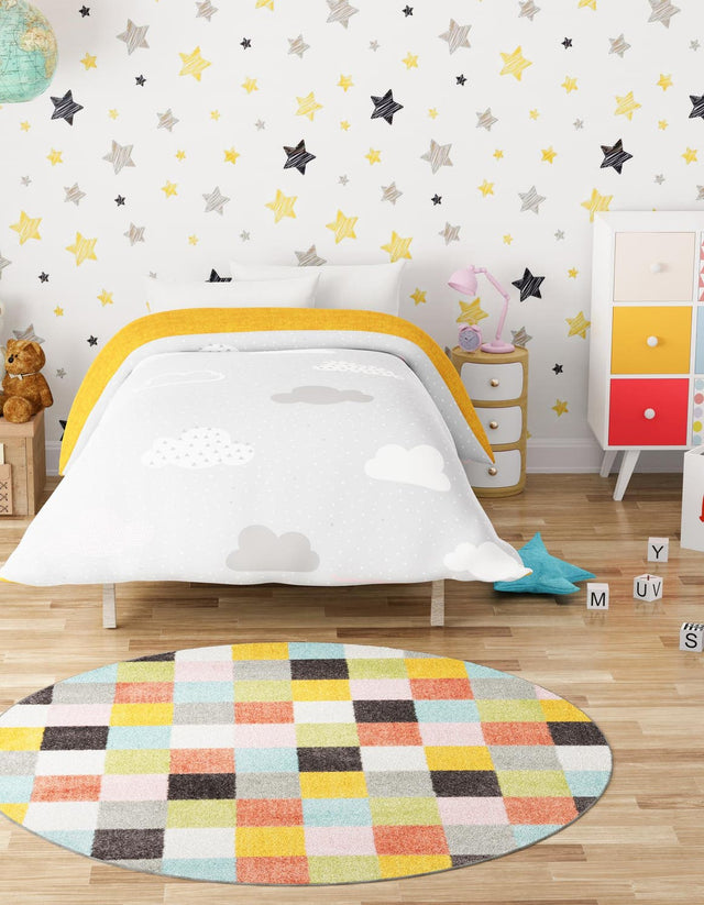 Multicolor 7' 10 x 7' 10 Whimsy Kids Round Area Rug for Baby Nursery, Toddler Playroom, Bedrooms Playful Fun Design Easy Clean Carpet for Sale at Rug Engine