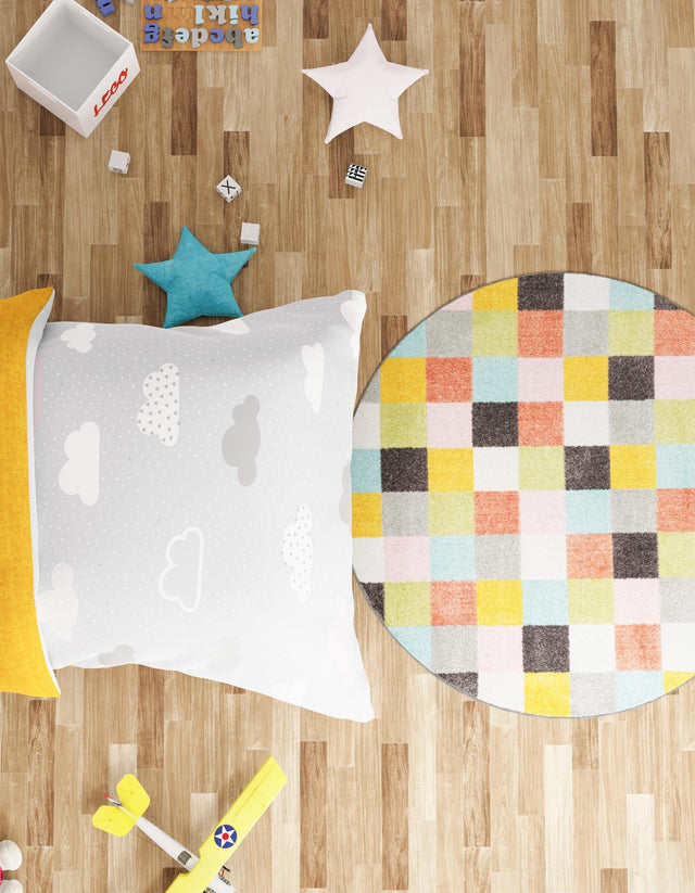 Multicolor 7' 10 x 7' 10 Whimsy Kids Round Area Rug for Baby Nursery, Toddler Playroom, Bedrooms Playful Fun Design Easy Clean Carpet for Sale at Rug Engine