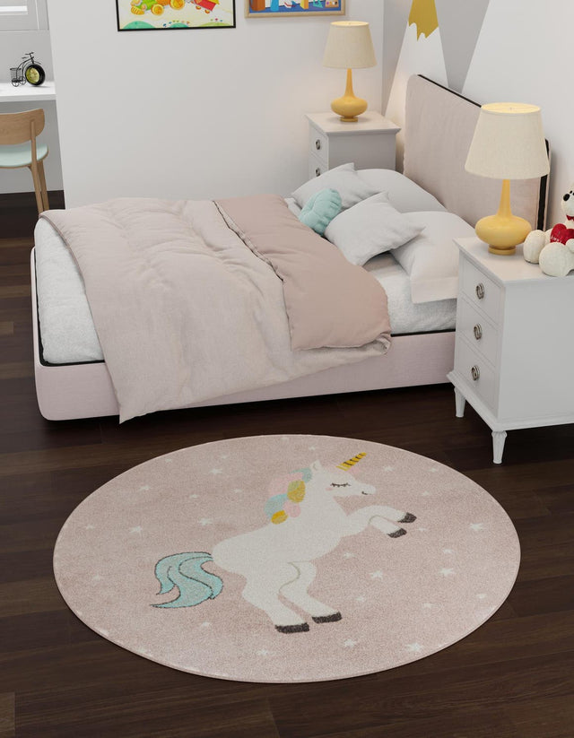 Pink 3' 3 x 3' 3 Whimsy Kids Round Area Rug for Baby Nursery, Toddler Playroom, Bedrooms