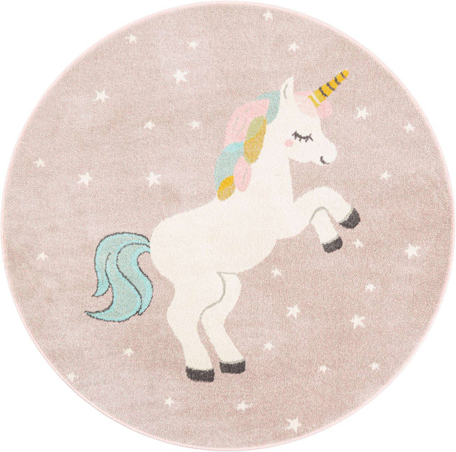Pink 5' 3 x 5' 3 Whimsy Kids Round Area Rug for Baby Nursery, Toddler Playroom, Bedrooms Playful Fun Design Easy Clean Carpet for Sale at Rug Engine
